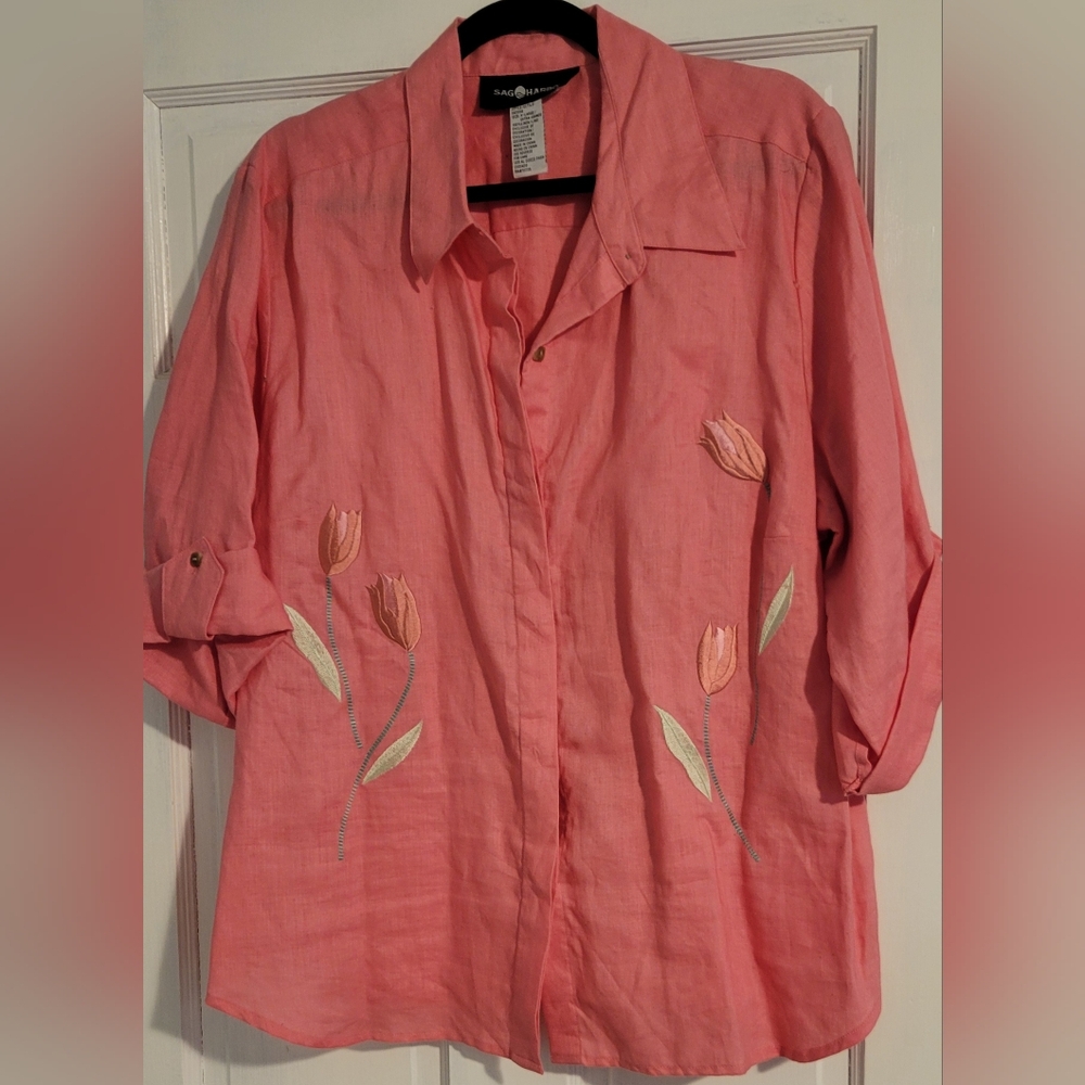 SAG HARBOR BUTTON DOWN LINEN BLOUSE WOMAN'S XL Vintage